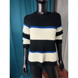 SO Heritage Women's Striped Knit Sweater Size L Black‎ Cream Blue Casual